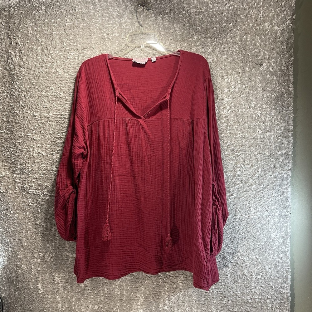 Belle France Cotton Crinkle Gauze Top Red L Tasseled Peasant Beach Vacation